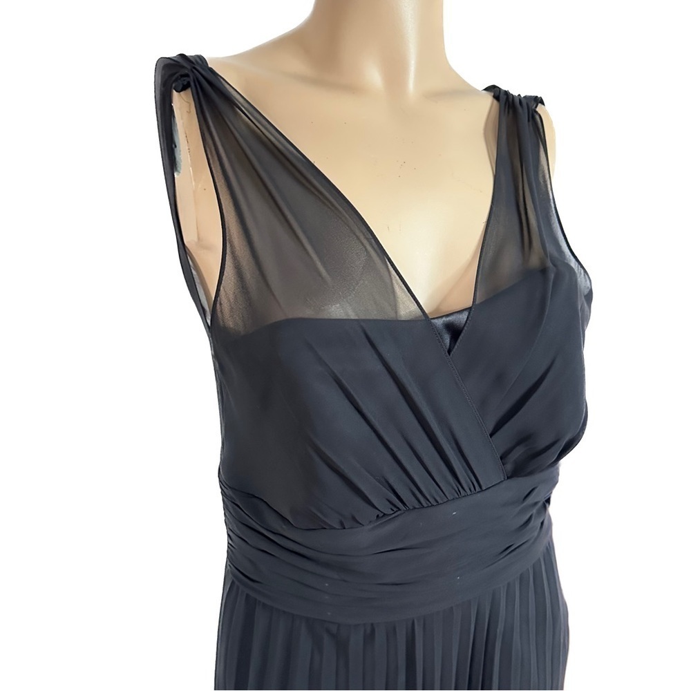 Suzy Shire Pleated Lace Sheer Tiered Surplice Black Midi Dress Size 8 Prom